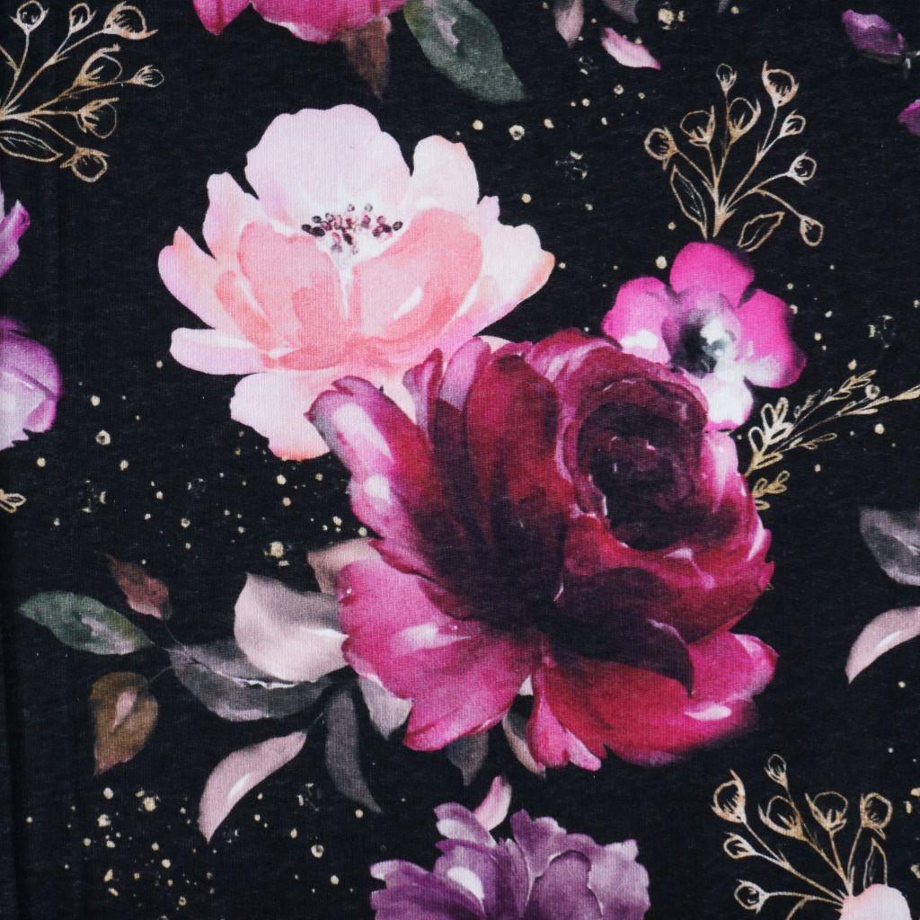 Preview: Sweat Stoff Rosenblüten pink schwarz - Glitzerpüppi